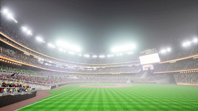 Empty night baseball and cricket arena with fans in fog and illuminated by spotlights 3d render. High quality 4k footage