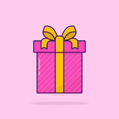 Pink Present Box in Wrap on Colorful Background. Gift Box with Ribbon Bow. Surprise for Birthday, Christmas, New Year, Wedding, Anniversary. Flat Cartoon Style. Isolated Vector Illustration
