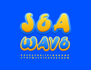 Vector creative Sign Sea Wave.  Bright Playful Font. Handwritten Alphabet Letters and Numbers set