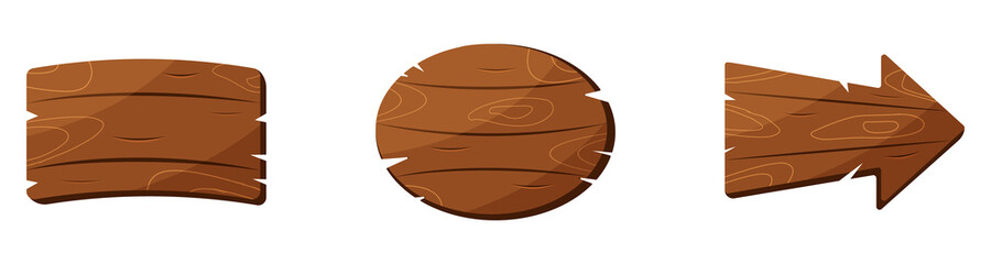 Vintage Brown Wooden Plank Set. Timber Old Frame for Banner, Signboard, Guidepost. Wood Texture Signboard and Arrow Board on White Background. Wooden Panel Signpost. Isolated Vector Illustration