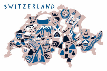 Vector hand drawn stylized map of Switzerland landmarks. Travel illustration. Geography illustration. Europe map element