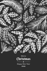 Fototapeta premium Christmas hand drawn vector greeting card design template. Vintage style botanical illustration on chalk board. Winter plants xmas banner.
