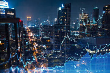 Stock market graph hologram, night panorama city view of Bangkok, popular location to gain financial education in Southeast Asia. The concept of international research. Double exposure.