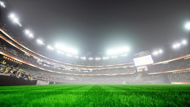Empty night baseball and cricket arena with fans in fog and illuminated by spotlights 3d render. High quality 4k footage