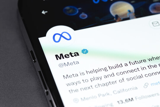 Meta Official Account On Twitter On The Screen Smartphone, IPhone Closeup. Meta Is The Facebook Company's New Name And Logo. Moscow, Russia - October 28, 2021