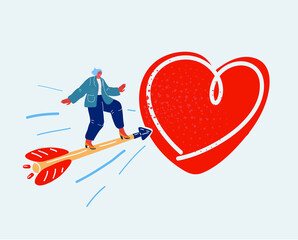 Vector illustration of Valentines day. Woman on arrow flying direct to heart symbol