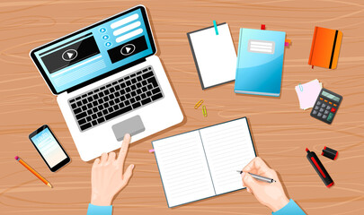 Fototapeta na wymiar Top view on student or business man hands write and type on laptop and website on screen. Workplace with smartphone, notebook, marker, calculator, pen, clips, card on wooden table. Vector illustration