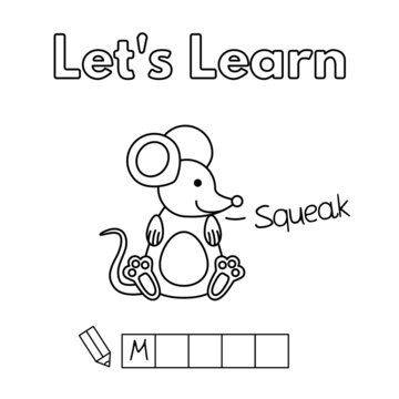 Cartoon mouse learning game for small children - color and write the word. Vector coloring book pages for kids