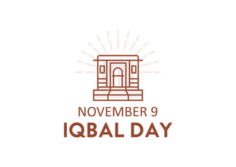 9 November - Iqbal Day Logo Type for birthday celebration of Allama Muhammad Iqbal with their Tomb Icon on White Background.