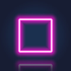 Purple Neon Frame with Reflection Effect. Realistic Square Neon Banner with Glowing Border on Dark Background. Square Neon Shiny Sign. Electric Light Rectangle. Isolated Vector Illustration
