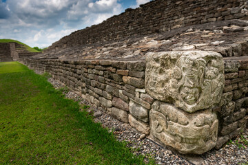 Detail of a bas-relief carving in a ballcourt at the EL Tajin archeological site, in Papantla, Veracruz, Mexico.