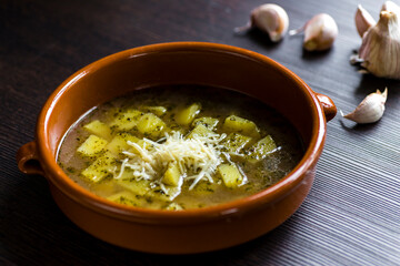 garlic soup with potatoes and marjoram