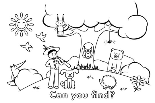Hunter and animals in the forest learning game for small children - color and find animals. Vector coloring book pages for kids