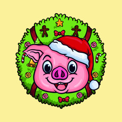 Hand drawn cute christmas character pig with santa hat and Christmas wreath