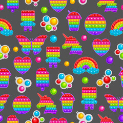 Seamless pattern with toys of different shapes on a gray background. Colorful sensory antistress toy, bubble fidget.