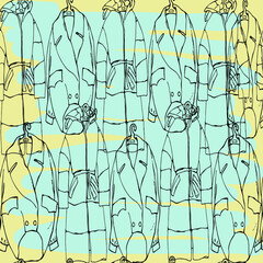 vector illustration seamless pattern,silhouette of outerwear on hangers,brush strokes of blue color,for  wallpaper or fabric