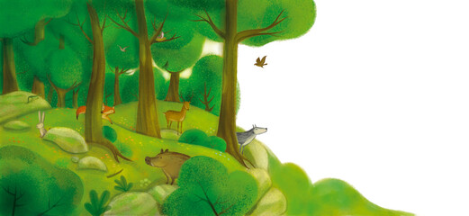 Illustration of animals in a forest. Mountain and trees.