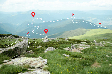 Traveling. Goal on top of mountain. Business strategy, leadership, planning, and challenge concept.