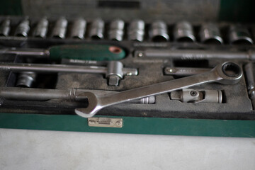 Fototapeta premium Tools in a box. The keys for the nuts.