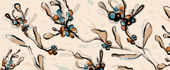 One line of a pattern of branches of winter mistletoe, a leaf. Modern art, a line of botanical background in the style of minimalism. for print, postcard, posters, banner. illustration of floral art