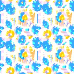 Fototapeta premium Blue yellow textured paint brush pattern. Modern imperfect fun seamless background for coastal living fabric textile. Hand drawn all over print with artistic watercolor style. 