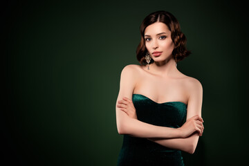 Photo of young attractive good looking gorgeous girl wear evening dress wealthy lady isolated on green color background