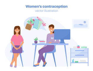 Woman at the doctor's appointment. Gynecologist's consultation. Doctor is taking with the patient about contraception. Different contraception methods. Vector illustration. 
