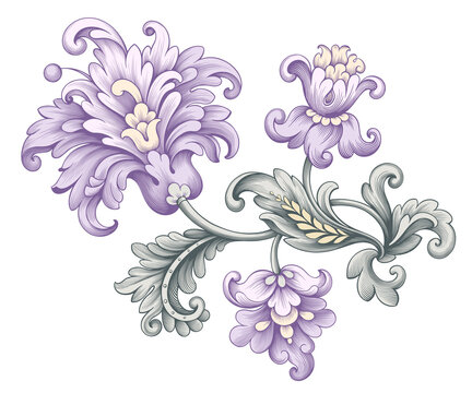 Flower vintage pink lilac rose Baroque ornament vector floral scroll Victorian frame engraved retro pattern peony tattoo 