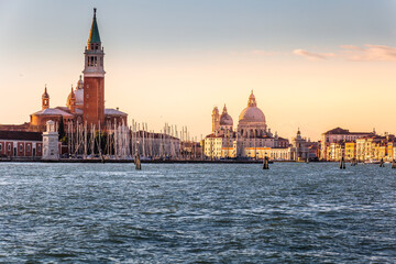 Fototapeta premium Panoramic view of famous Canal Grande with San Giorgio Maggiore island and Basilica di Santa Maria della Salute in the background, Venice, Italy