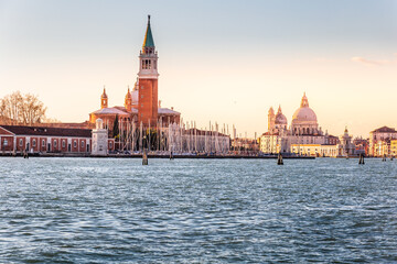 Obraz premium Panoramic view of famous Canal Grande with San Giorgio Maggiore island and Basilica di Santa Maria della Salute in the background, Venice, Italy