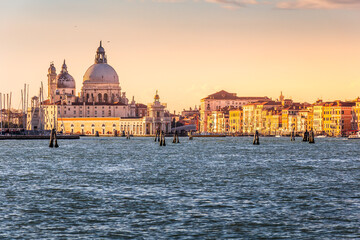 Fototapeta na wymiar Panoramic view of famous Canal Grande with Basilica di Santa Maria della Salute in the background, Venice, Italy