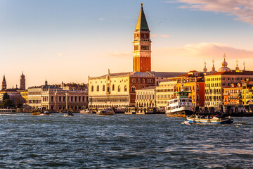 Venice city morning sunrise skyline. Cityscape Venice, sea view Piazza San Marco with Campanile,...