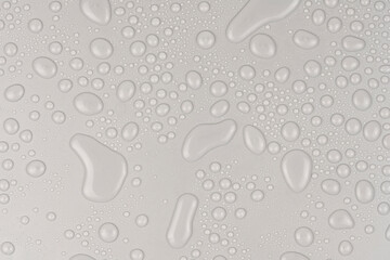 Water drops on white background texture. backdrop glass covered with drops of water. gray bubbles in water