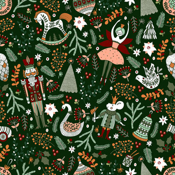 Christmas vector seamless Nutcracker pattern and winter florals.  Seamless pattern can be used for wallpaper, pattern fills, web page background, surface textures.
