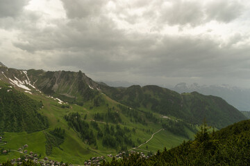 Sareis, Liechtenstein, June 20, 2021 Beautiful mountain panorama on a cloudy day