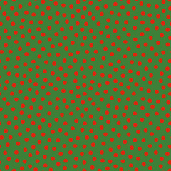 Seamless pattern with Christmas decoration. Red dots on green background.