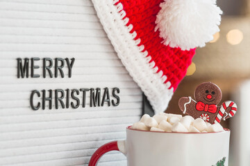 A sign with the inscription Merry Christmas, Santa hat, mug with hot cocoa, marshmallows and gingerbread man on the background of a beautiful bokeh. Cozy concept of New Year and winter holidays.