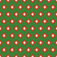 Seamless pattern with Christmas decoration. Green and red aztec pattern.