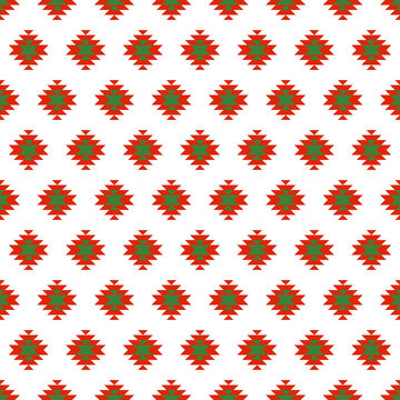 Seamless Pattern With Christmas Decoration. Green And Red Aztec Pattern.