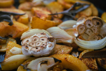 Grilled and spiced butter pumpkin with garlic and the common sage, czech local food, autumn healthy meal, fast and easy to preparation