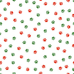 Seamless pattern with Christmas decoration. Green and red paws pattern.