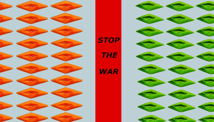 Group of green and orange paper boats on blue background with red barrier written with text stop war concept stop international war peace