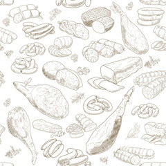 Seamless Pattern of meat products and meat delicacies. Sausages, ham, bacon, lard, salami in sketch style. Background for printing butcher shop packaging