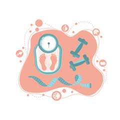 Concept of a healthy lifestyle, body care, weight control. Vector flat illustration of fitness attributes, healthy food icons.