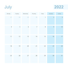 2022 July wall planner in blue pastel color, week starts on Monday.