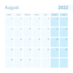 2022 August wall planner in blue pastel color, week starts on Monday.