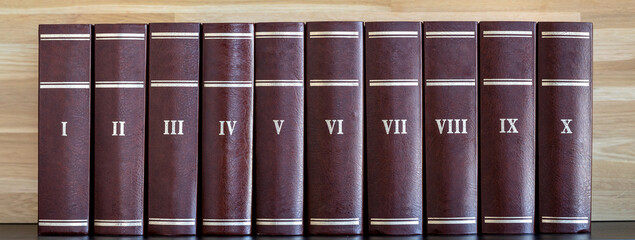 Ten book volumes in row. Roman numerals on hardback book spine. Home library bookshelf banner.