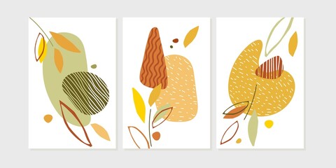 Fototapeta na wymiar Set of nature poster with plants, fallen leaves. Hand drawn nature shapes in orange brown colors. Collage for decoration, postcard, cover, invitations for autumn holidays. Minimal natural wall arts.