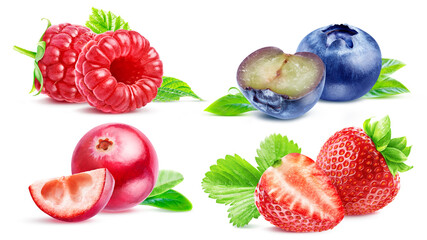 A set of compositions from different berries: raspberries, blueberries, cranberries, strawberries, isolated on a white background. Two berries, whole or cut. Forest and garden berries.