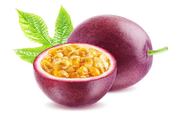Juicy passionfruit whole and half with mixed tasty pulp isolated on white background with leaf.